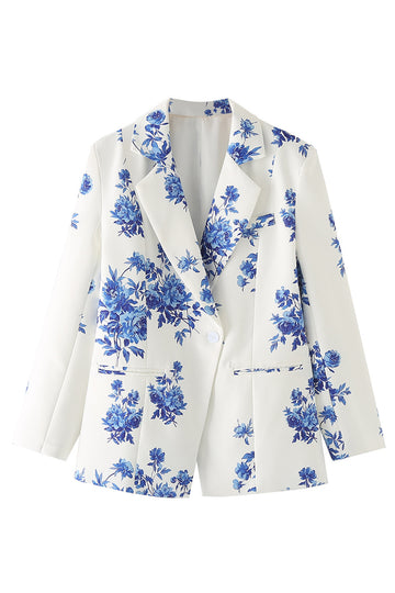 Blue Flower Notched Lapel One Button Women's Blazer